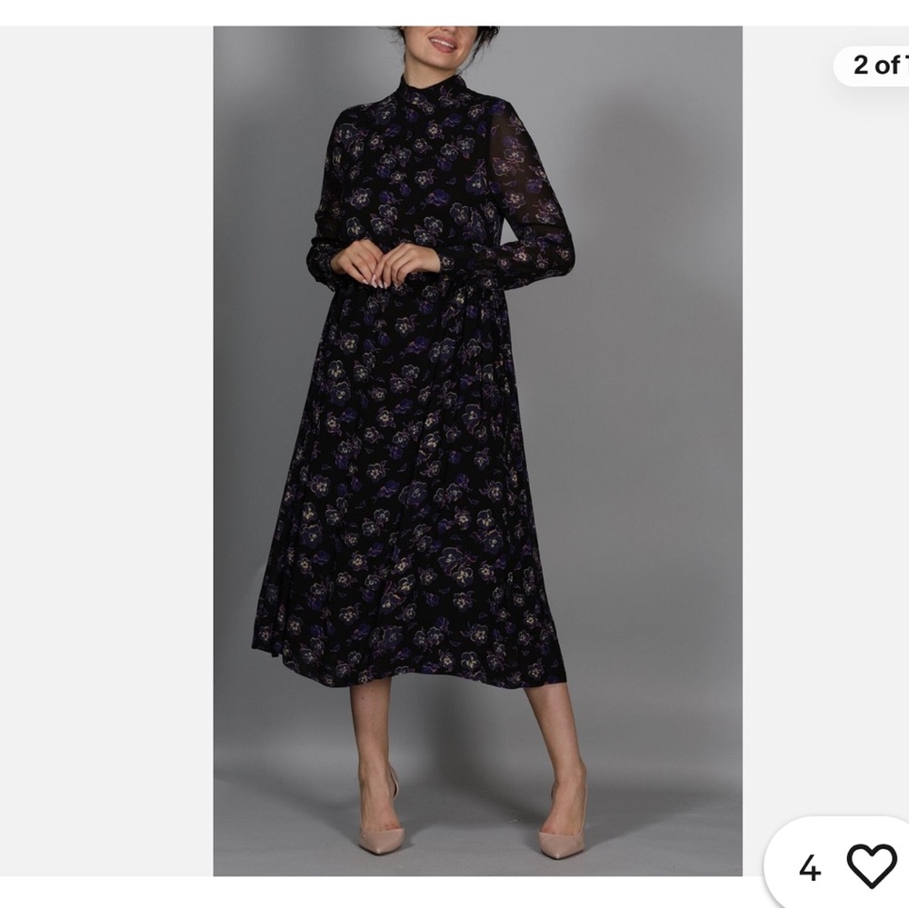 Ganni Black Long Sleeve Floral Midi Dress with Purple Accents